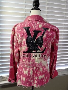 Pink Bleached Jacket with Large Back LV Logo & Rhinestones. Size Med
